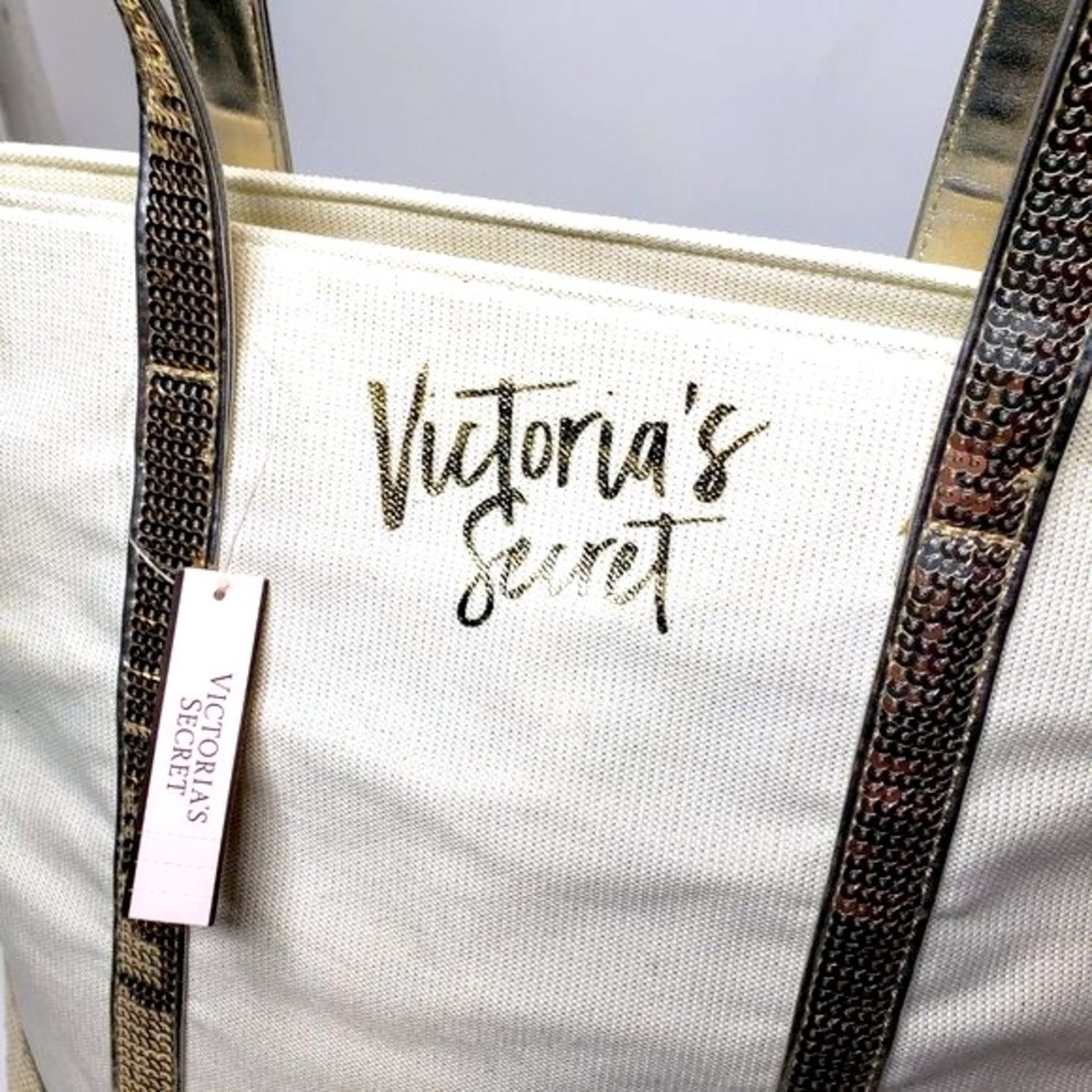 NWT Victoria's Secret Light Gold Shiny Sequin Shopper Tote Bag